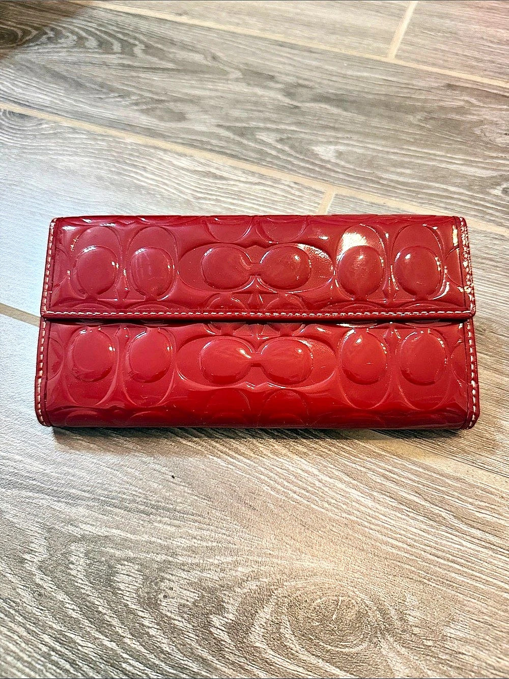 Coach Signature Embossed Patent Leather Turnlock Long Wallet Red
